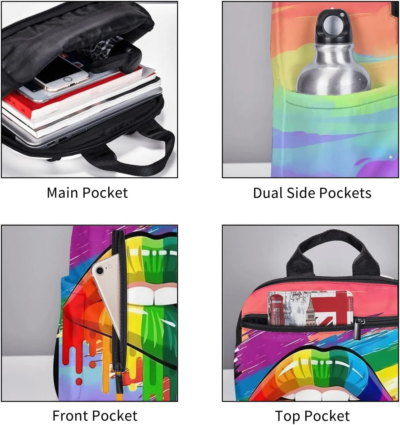 LGBT Gay Lesbian Pride Rainbow Lip Graffiti Heart Travel Laptop Backpack Casual Backpacks Double Shoulder Daypack Notebook Rucksack Work Bags Sports Bag for Gym Hiking Camping Beach