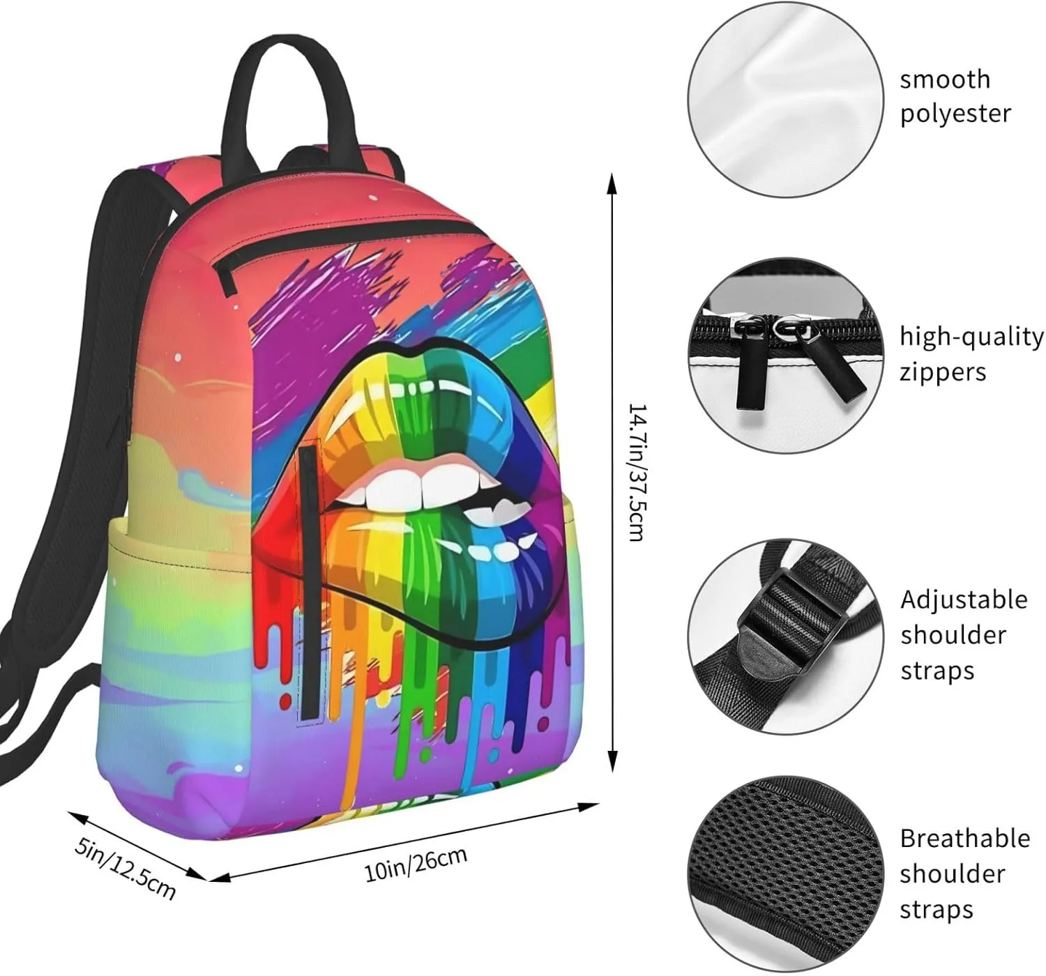 LGBT Gay Lesbian Pride Rainbow Lip Graffiti Heart Travel Laptop Backpack Casual Backpacks Double Shoulder Daypack Notebook Rucksack Work Bags Sports Bag for Gym Hiking Camping Beach