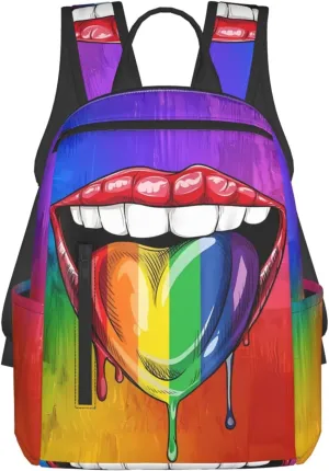 LGBT Gay Pride Rainbow Heart Tongue Lip Travel Laptop Backpack Casual Backpacks Double Shoulder Daypack Notebook Rucksack Work Bags Sports Bag for Hiking Camping Beach