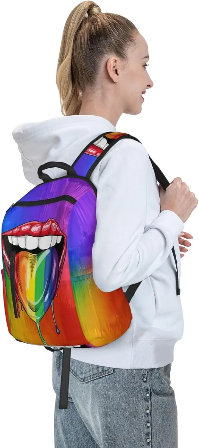LGBT Gay Pride Rainbow Heart Tongue Lip Travel Laptop Backpack Casual Backpacks Double Shoulder Daypack Notebook Rucksack Work Bags Sports Bag for Hiking Camping Beach