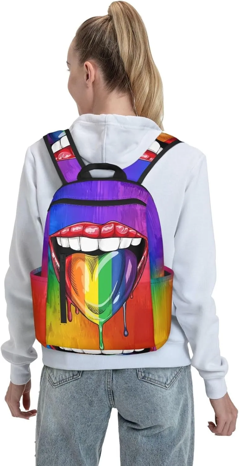 LGBT Gay Pride Rainbow Heart Tongue Lip Travel Laptop Backpack Casual Backpacks Double Shoulder Daypack Notebook Rucksack Work Bags Sports Bag for Hiking Camping Beach