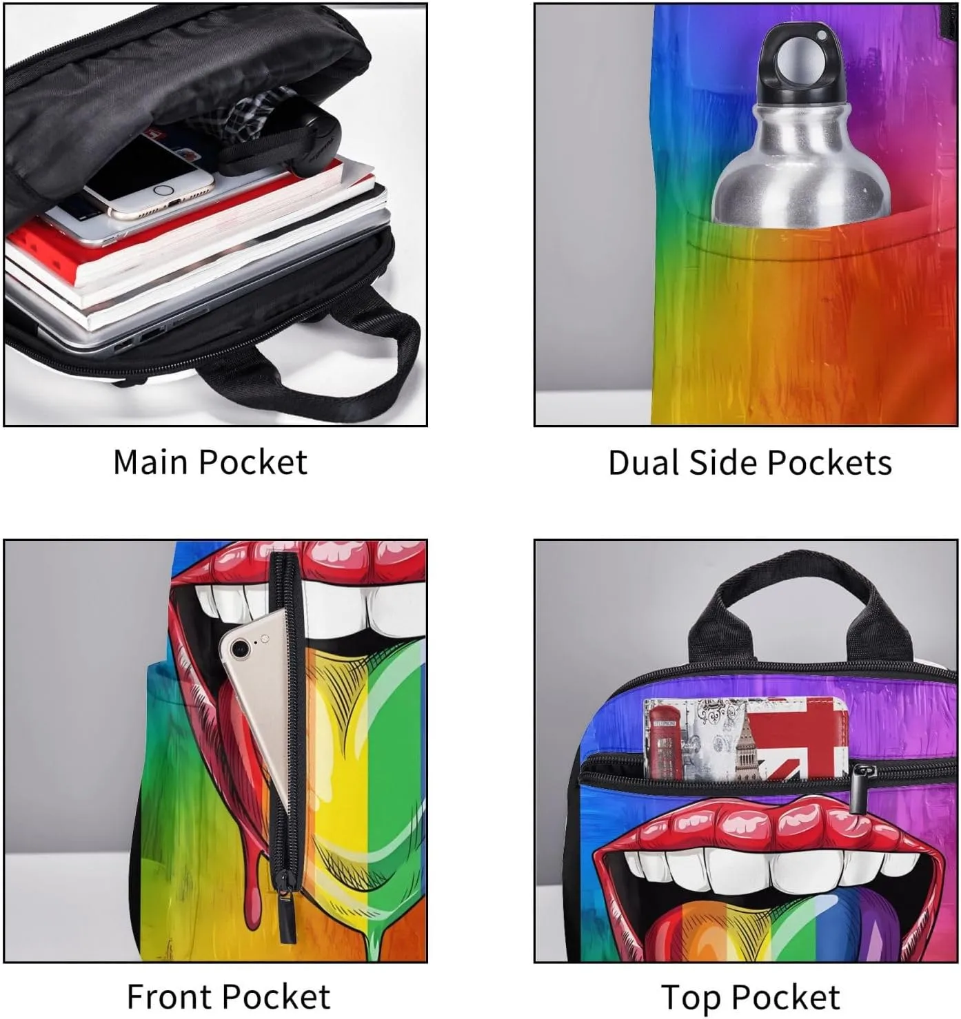 LGBT Gay Pride Rainbow Heart Tongue Lip Travel Laptop Backpack Casual Backpacks Double Shoulder Daypack Notebook Rucksack Work Bags Sports Bag for Hiking Camping Beach