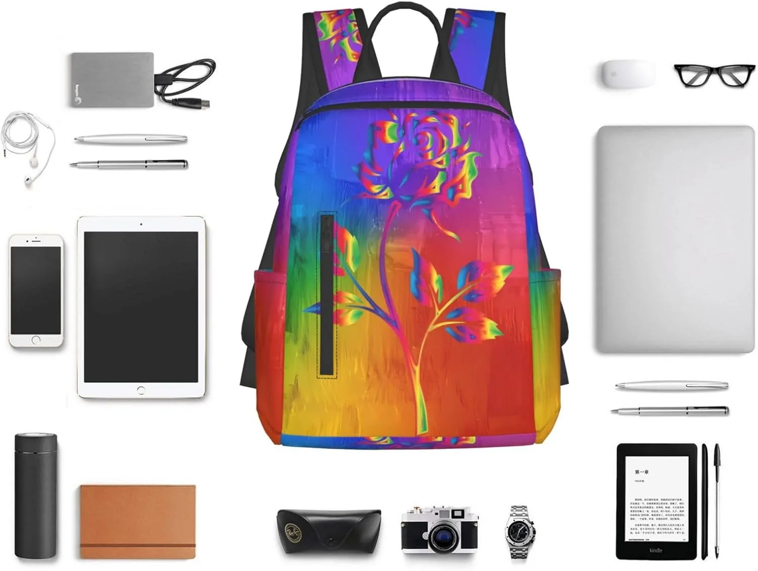 LGBT Gay Pride Rainbow Rose Travel Laptop Backpack Casual Backpacks Double Shoulder Daypack Notebook Rucksack Work Bags Sports Bag for Hiking Camping Beach