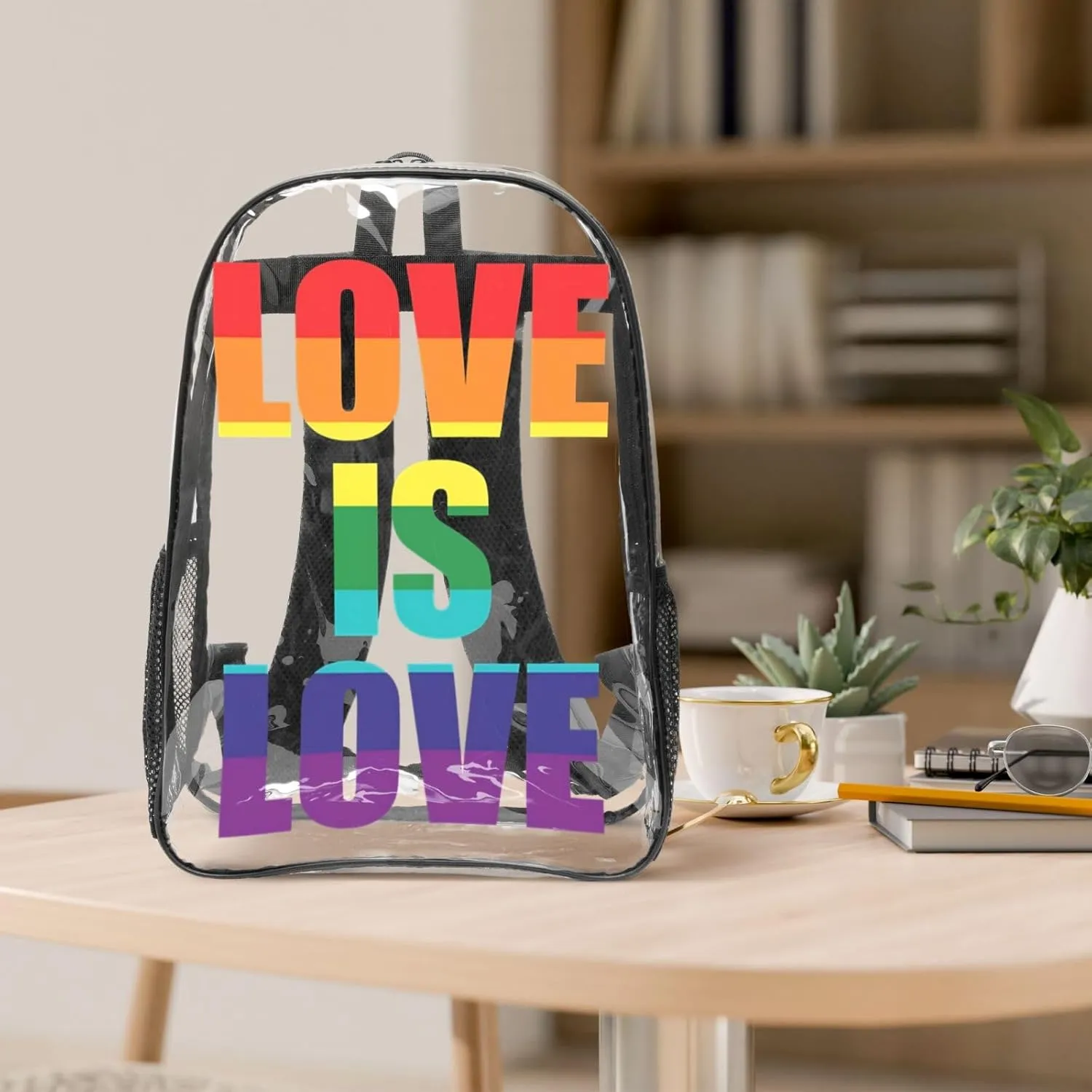 LGBT Pride Rainbow Gay Love Is Love 16 Inch Clear PVC Backpacks Transparent Backpack Multipurpose Double Shoulder Bag for Men Women Gifts