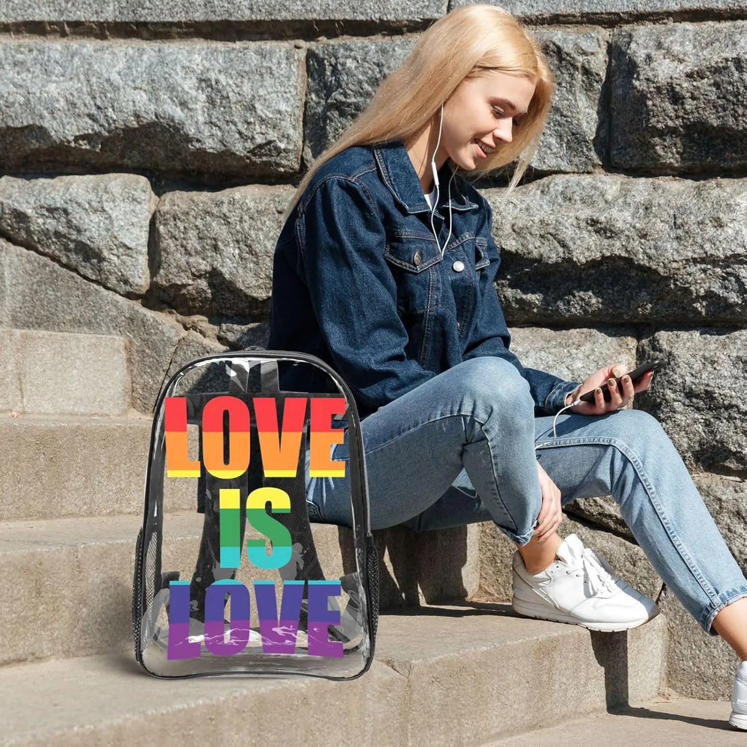 LGBT Pride Rainbow Gay Love Is Love 16 Inch Clear PVC Backpacks Transparent Backpack Multipurpose Double Shoulder Bag for Men Women Gifts