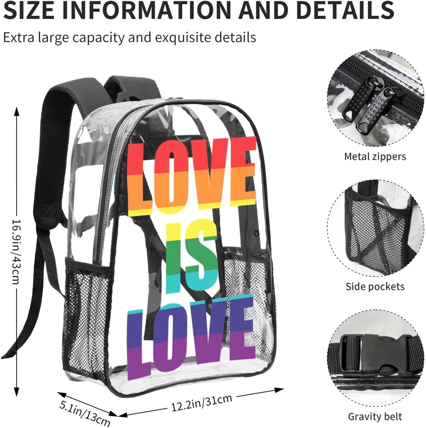 LGBT Pride Rainbow Gay Love Is Love 16 Inch Clear PVC Backpacks Transparent Backpack Multipurpose Double Shoulder Bag for Men Women Gifts