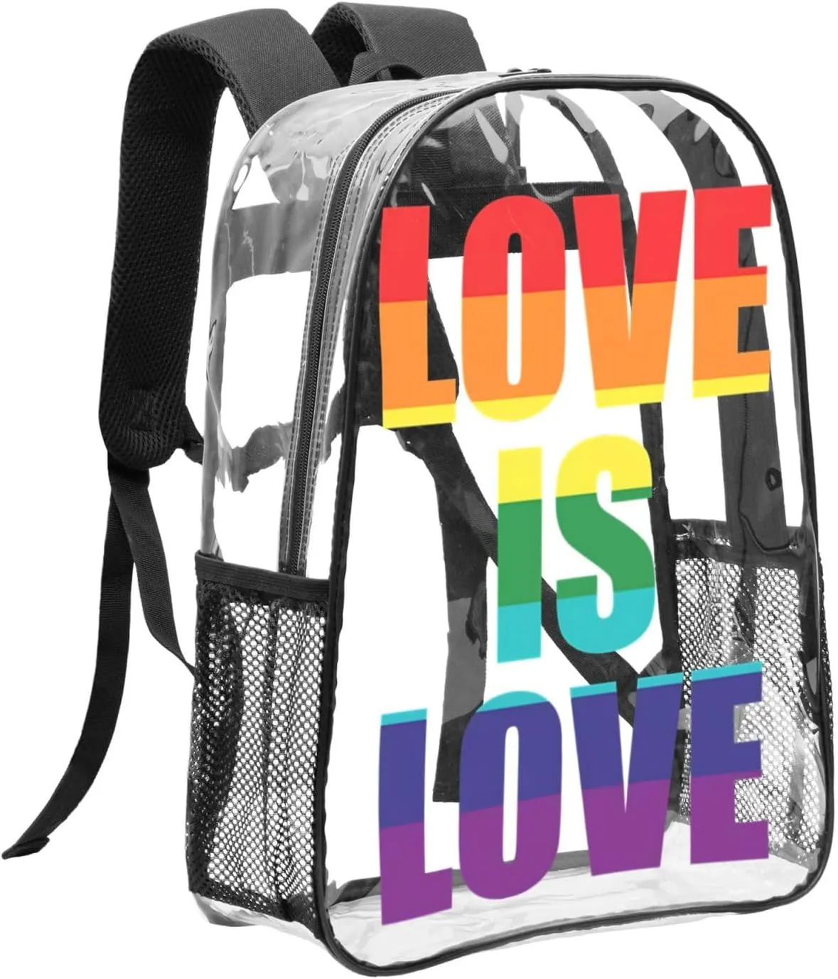 LGBT Pride Rainbow Gay Love Is Love 16 Inch Clear PVC Backpacks Transparent Backpack Multipurpose Double Shoulder Bag for Men Women Gifts