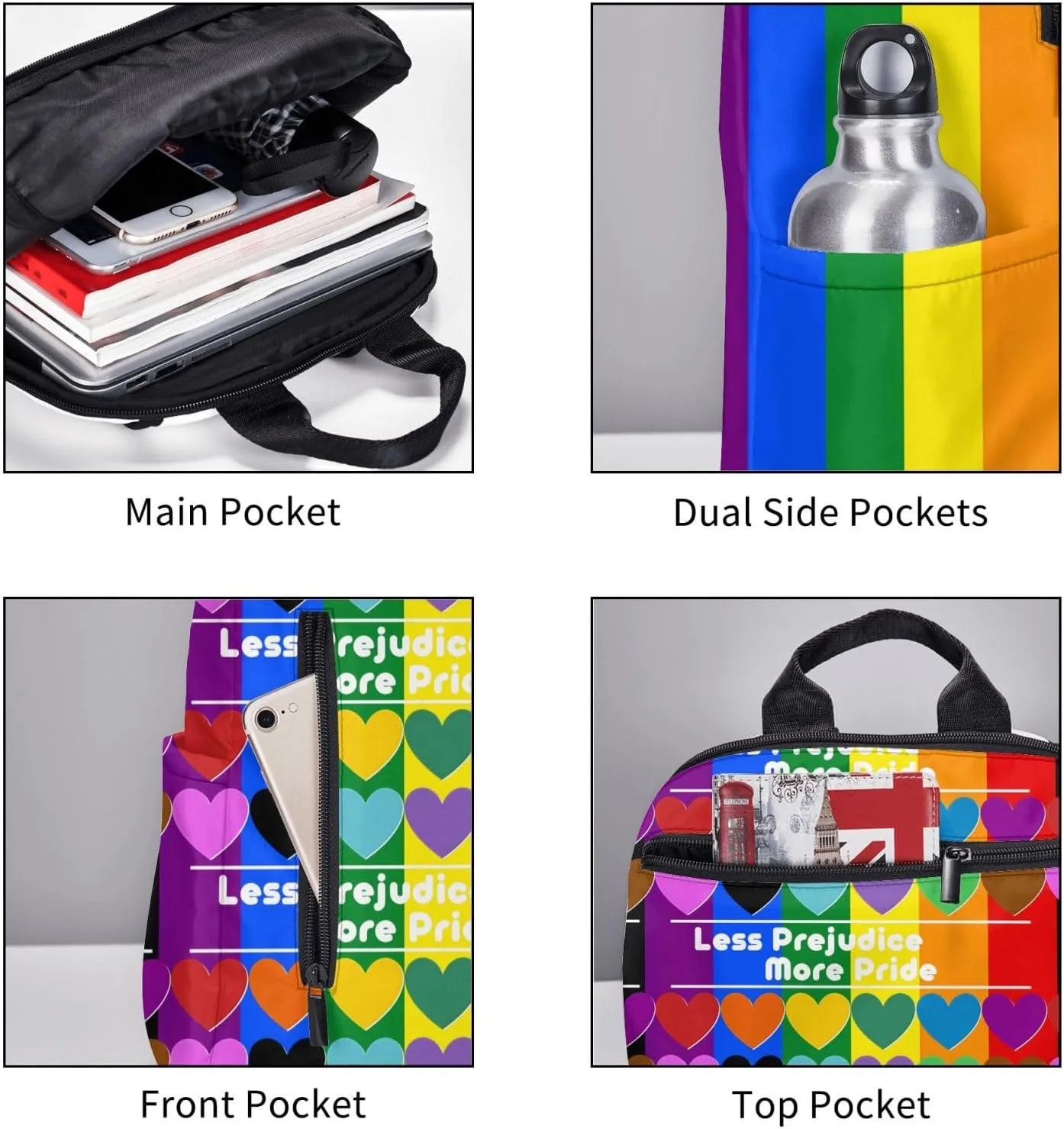 LGBT Rainbow Gay More Pride Less Prejudice Heart Travel Laptop Backpack Casual Backpacks Double Shoulder Daypack Notebook Rucksack Work Bags Sports Bag for Hiking Camping Beach