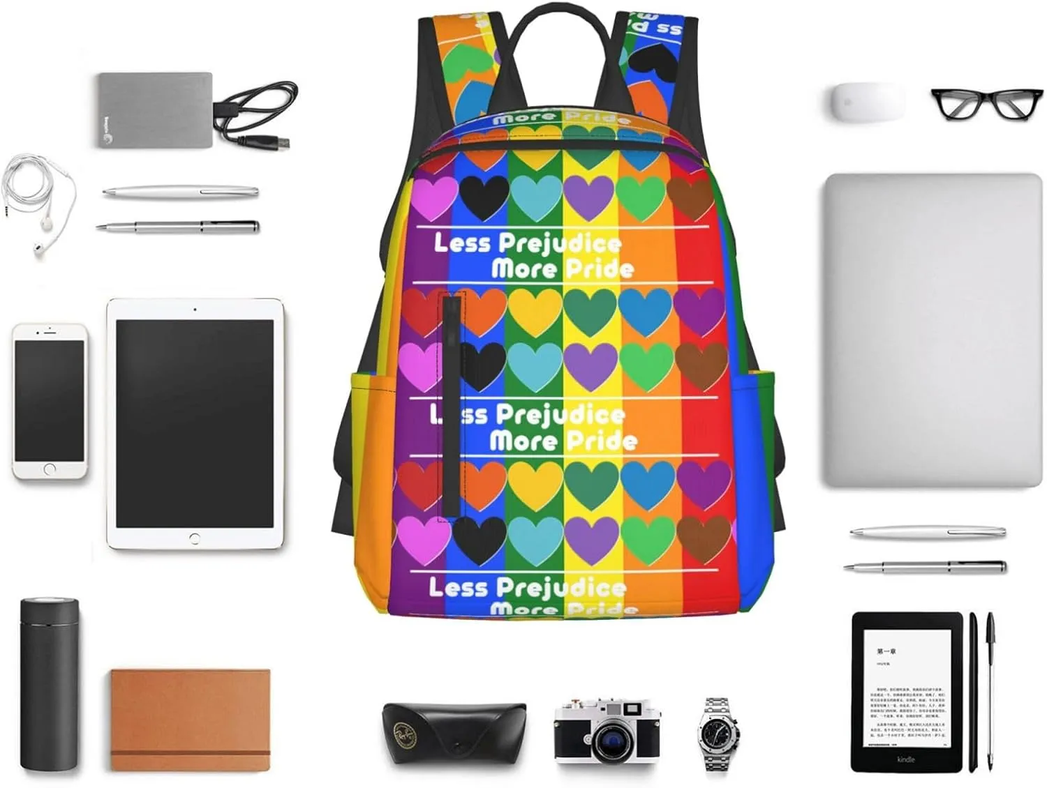 LGBT Rainbow Gay More Pride Less Prejudice Heart Travel Laptop Backpack Casual Backpacks Double Shoulder Daypack Notebook Rucksack Work Bags Sports Bag for Hiking Camping Beach