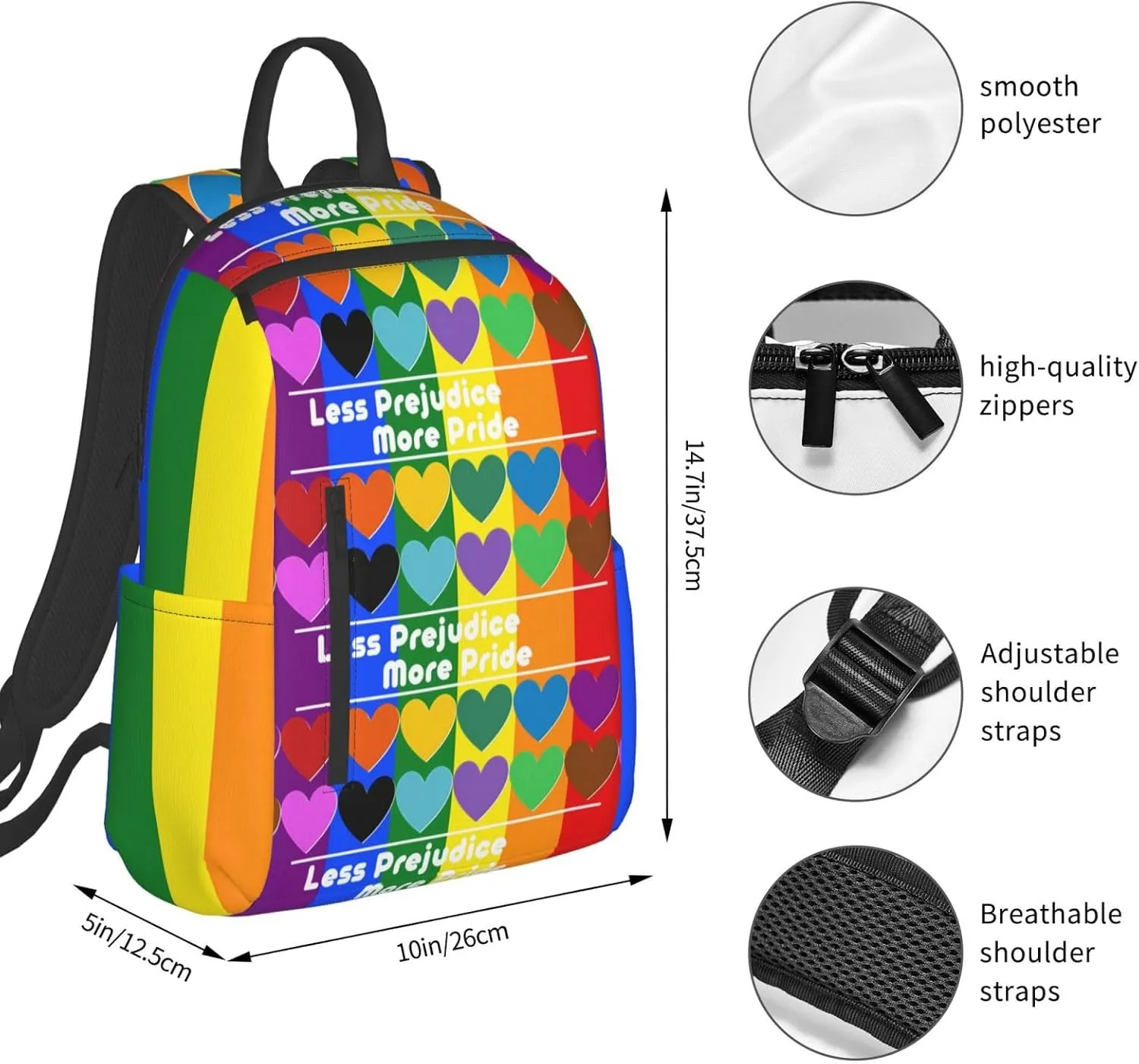 LGBT Rainbow Gay More Pride Less Prejudice Heart Travel Laptop Backpack Casual Backpacks Double Shoulder Daypack Notebook Rucksack Work Bags Sports Bag for Hiking Camping Beach
