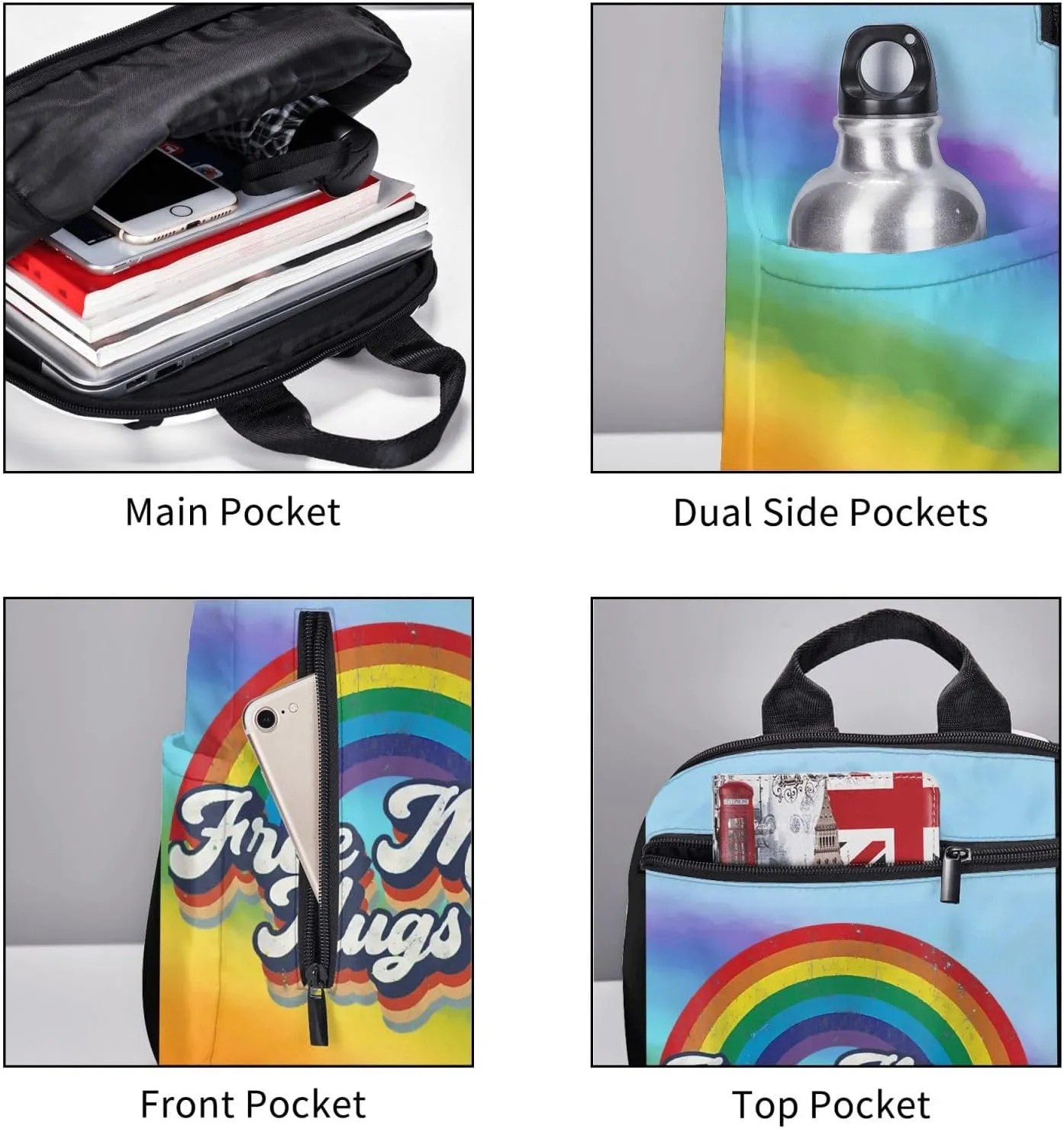 LGBT Rainbow Gay Pride Free Mom Hugs Travel Laptop Backpack Casual Backpacks Double Shoulder Daypack Notebook Rucksack Work Bags Sports Bag for Gym Hiking Camping Beach