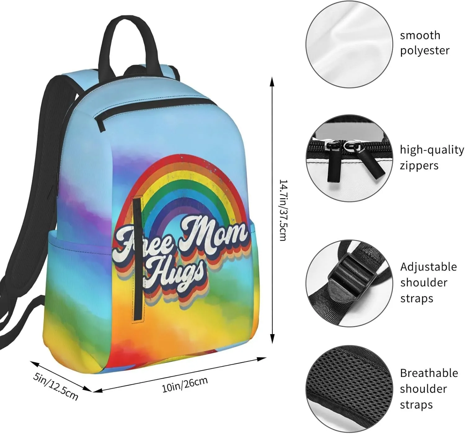 LGBT Rainbow Gay Pride Free Mom Hugs Travel Laptop Backpack Casual Backpacks Double Shoulder Daypack Notebook Rucksack Work Bags Sports Bag for Gym Hiking Camping Beach