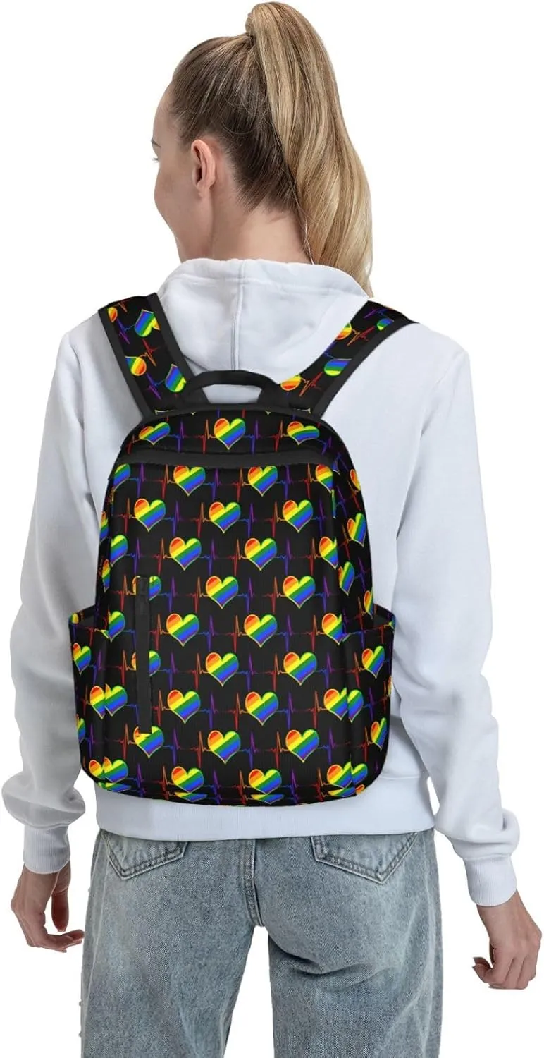 LGBT Rainbow Gay Pride Heart Beat Pulse Travel Laptop Backpack Casual Backpacks Double Shoulder Daypack Notebook Rucksack Work Bags Sports Bag for Hiking Camping Beach