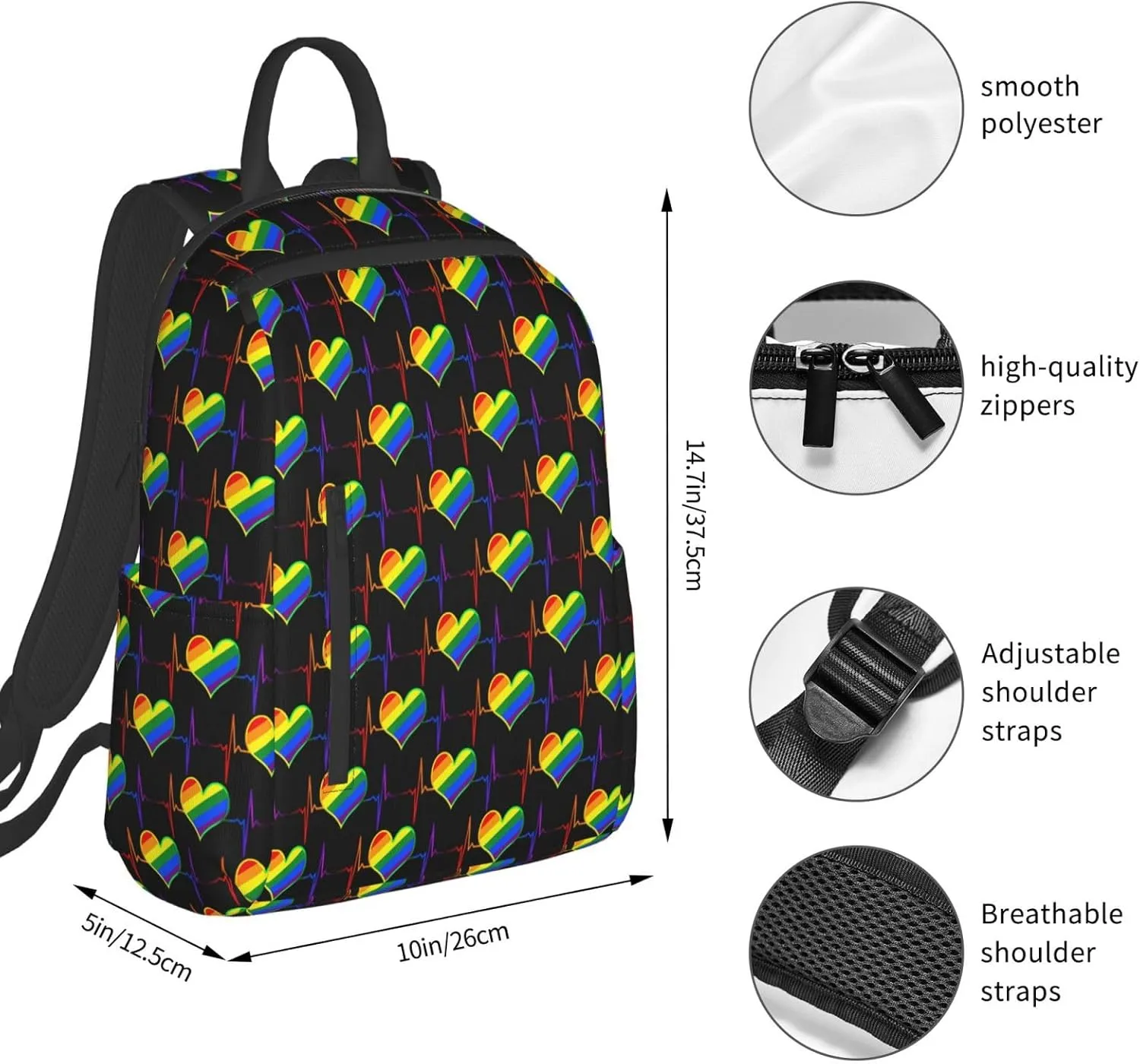 LGBT Rainbow Gay Pride Heart Beat Pulse Travel Laptop Backpack Casual Backpacks Double Shoulder Daypack Notebook Rucksack Work Bags Sports Bag for Hiking Camping Beach