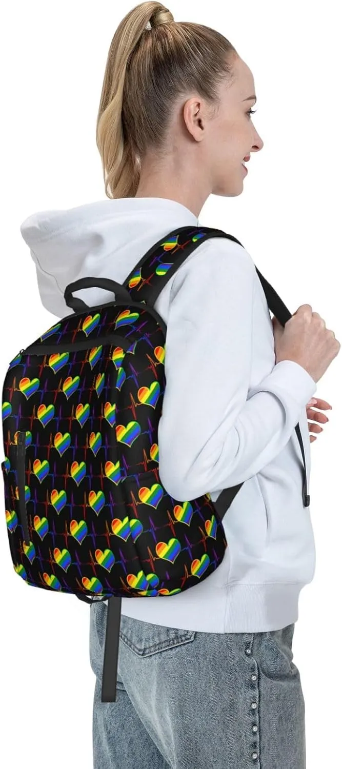 LGBT Rainbow Gay Pride Heart Beat Pulse Travel Laptop Backpack Casual Backpacks Double Shoulder Daypack Notebook Rucksack Work Bags Sports Bag for Hiking Camping Beach
