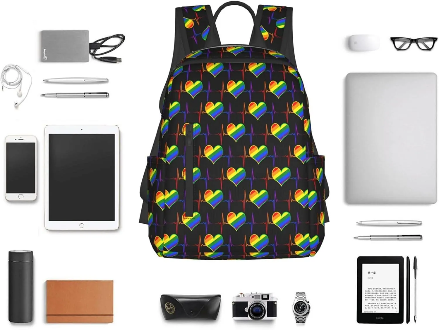 LGBT Rainbow Gay Pride Heart Beat Pulse Travel Laptop Backpack Casual Backpacks Double Shoulder Daypack Notebook Rucksack Work Bags Sports Bag for Hiking Camping Beach