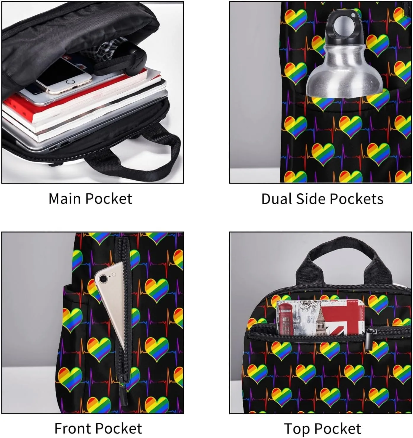 LGBT Rainbow Gay Pride Heart Beat Pulse Travel Laptop Backpack Casual Backpacks Double Shoulder Daypack Notebook Rucksack Work Bags Sports Bag for Hiking Camping Beach