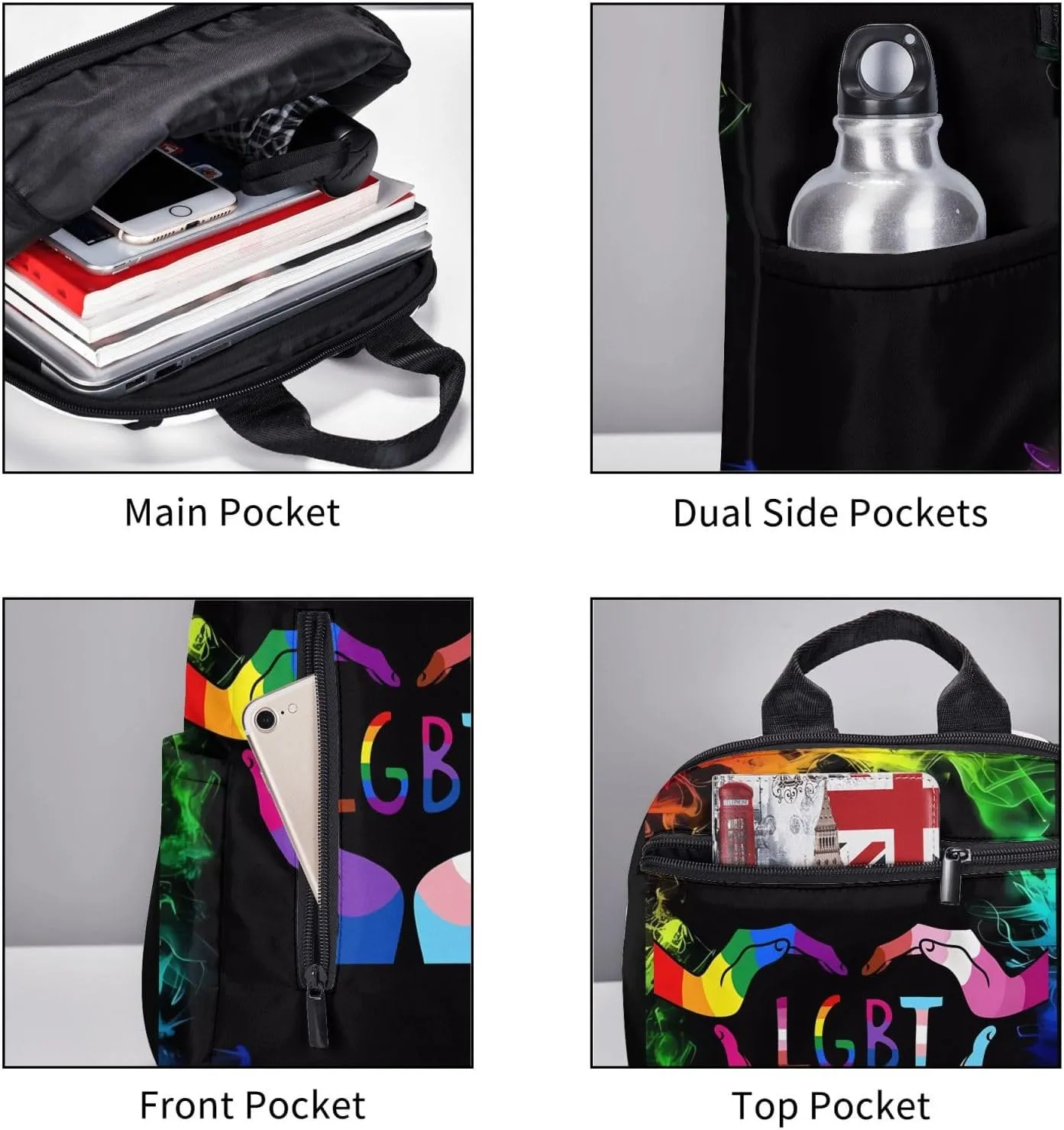 LGBT Rainbow Gay Pride Heart Gesture Travel Laptop Backpack Casual Backpacks Double Shoulder Daypack Notebook Rucksack Work Bags Sports Bag for Hiking Camping Beach