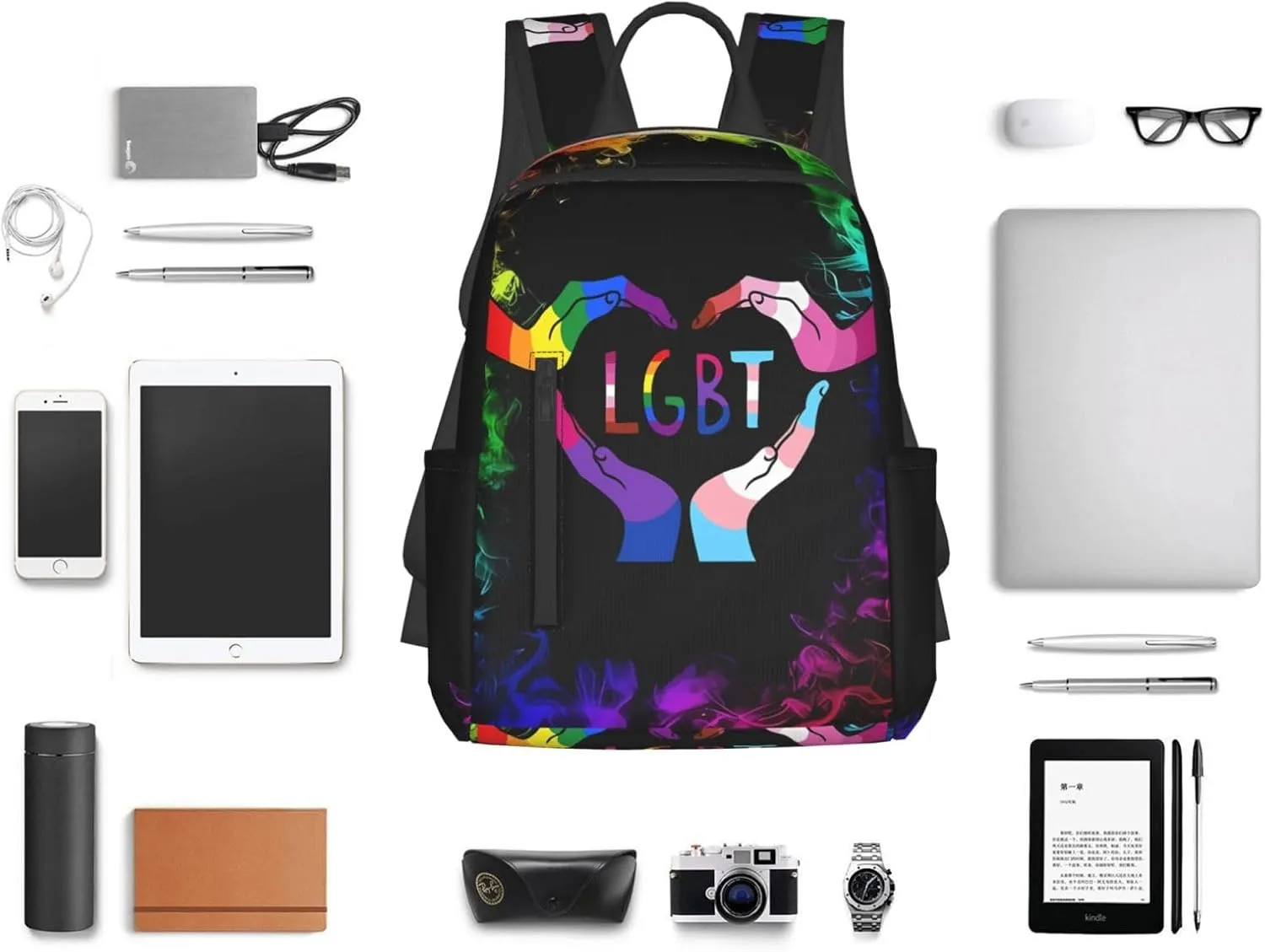 LGBT Rainbow Gay Pride Heart Gesture Travel Laptop Backpack Casual Backpacks Double Shoulder Daypack Notebook Rucksack Work Bags Sports Bag for Hiking Camping Beach