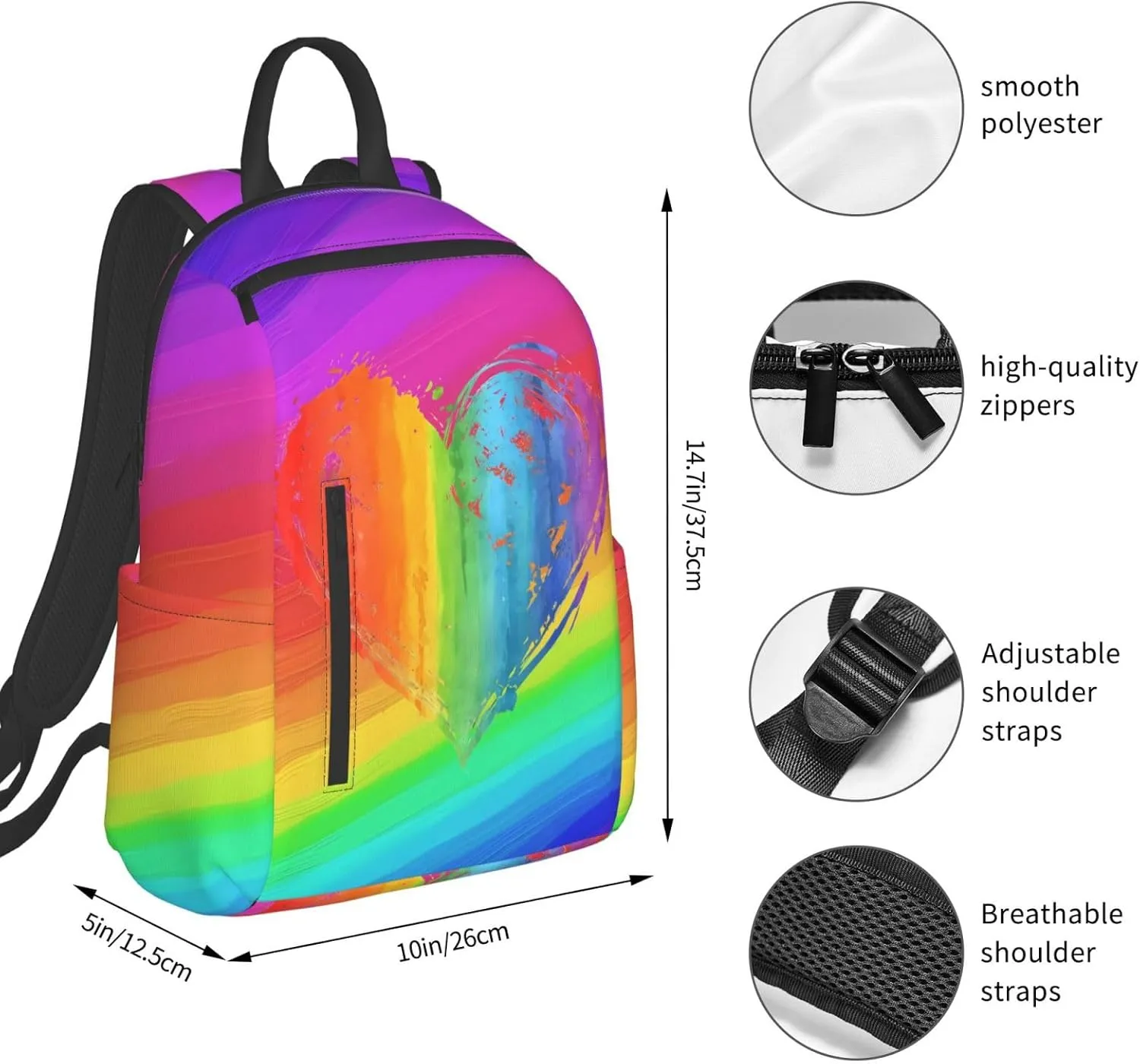 LGBT Rainbow Gay Pride Heart Travel Laptop Backpack Casual Backpacks Double Shoulder Daypack Notebook Rucksack Work Bags Sports Bag for Gym Hiking Camping Beach
