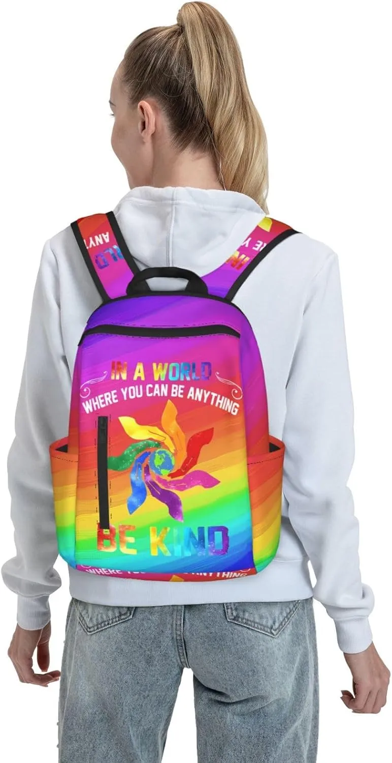 LGBT Rainbow Gay Pride In A World Be Kind Travel Laptop Backpack Casual Backpacks Double Shoulder Daypack Notebook Rucksack Work Bags Sports Bag for Gym Hiking Camping Beach