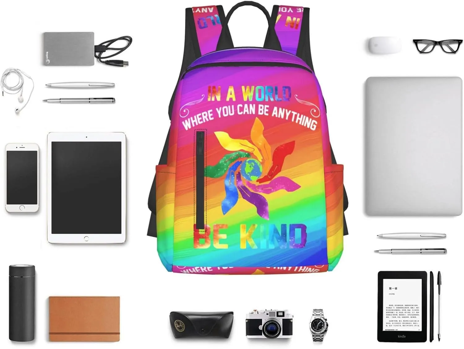 LGBT Rainbow Gay Pride In A World Be Kind Travel Laptop Backpack Casual Backpacks Double Shoulder Daypack Notebook Rucksack Work Bags Sports Bag for Gym Hiking Camping Beach