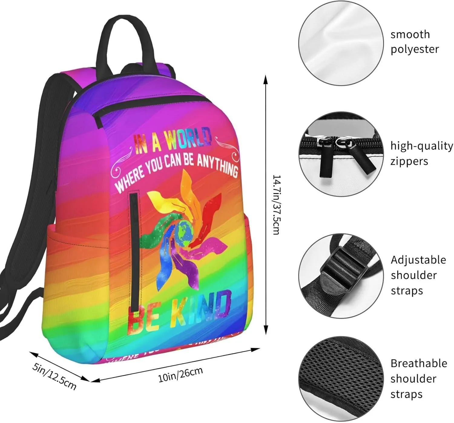 LGBT Rainbow Gay Pride In A World Be Kind Travel Laptop Backpack Casual Backpacks Double Shoulder Daypack Notebook Rucksack Work Bags Sports Bag for Gym Hiking Camping Beach