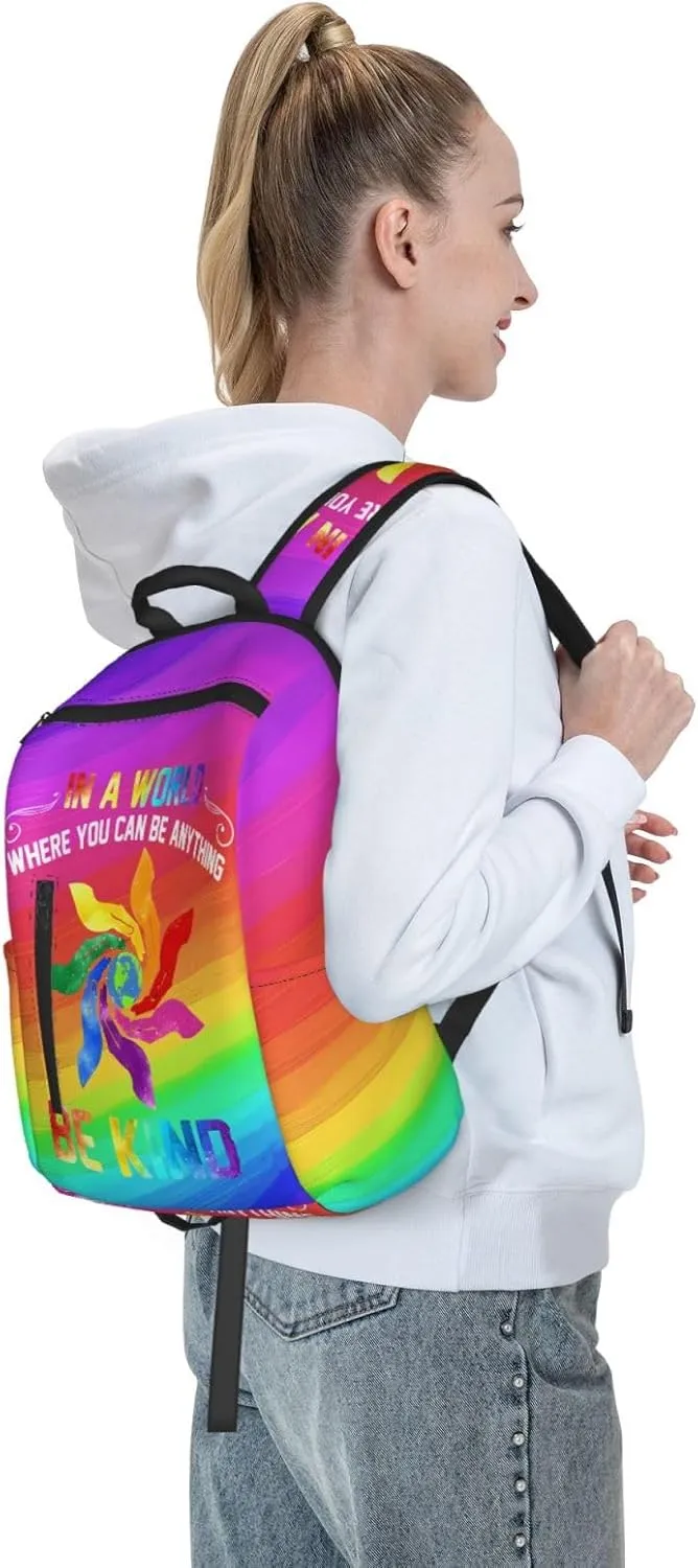 LGBT Rainbow Gay Pride In A World Be Kind Travel Laptop Backpack Casual Backpacks Double Shoulder Daypack Notebook Rucksack Work Bags Sports Bag for Gym Hiking Camping Beach
