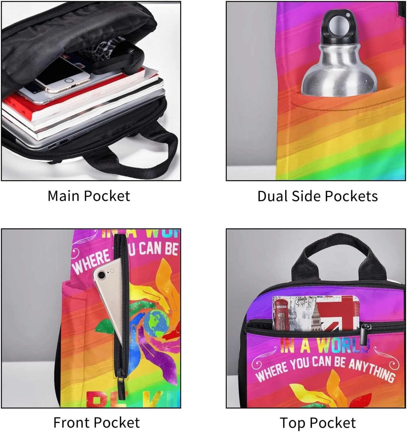 LGBT Rainbow Gay Pride In A World Be Kind Travel Laptop Backpack Casual Backpacks Double Shoulder Daypack Notebook Rucksack Work Bags Sports Bag for Gym Hiking Camping Beach