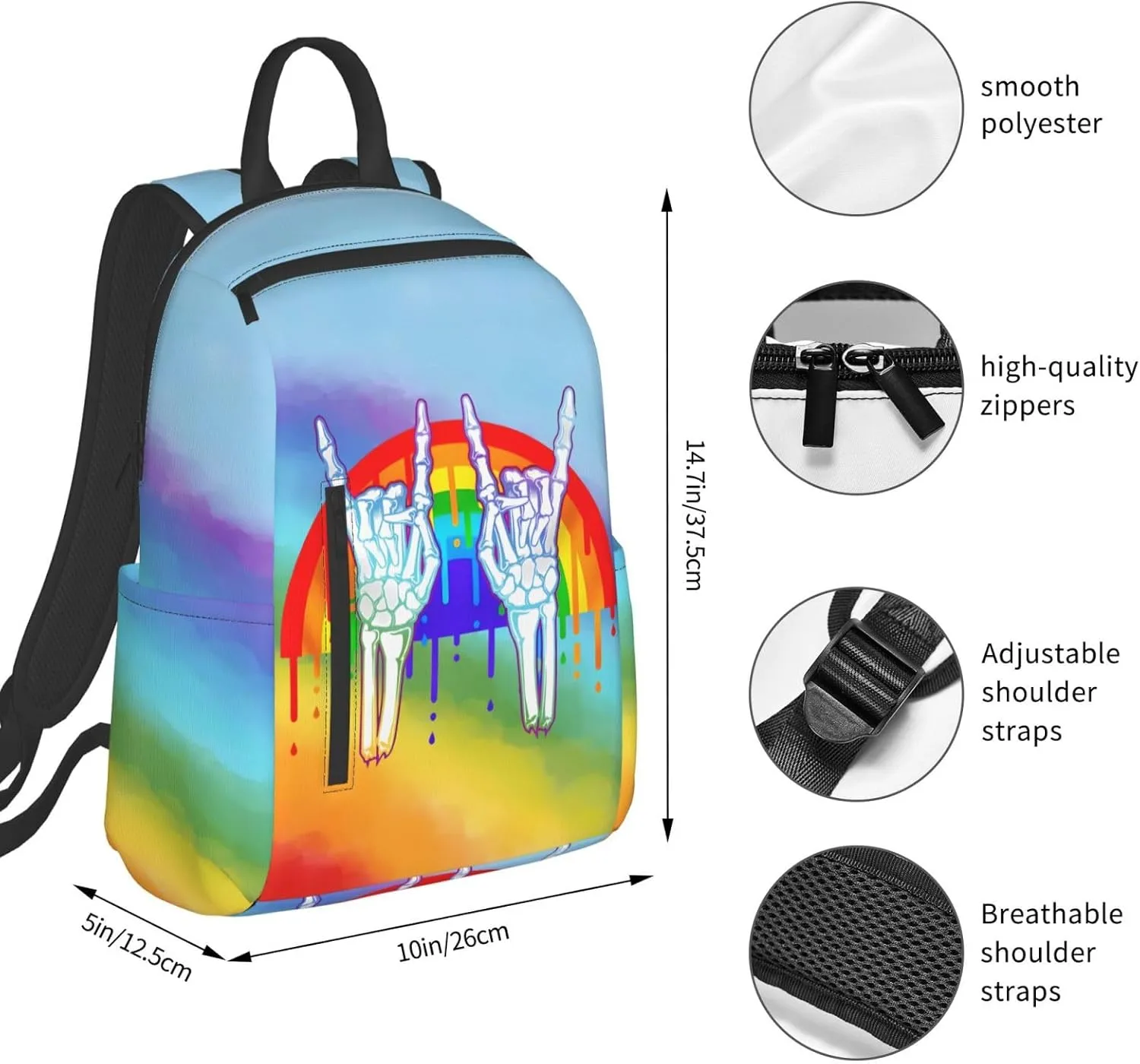 LGBT Rainbow Gay Pride Rock Skeleton Skull Gesture Travel Laptop Backpack Casual Backpacks Double Shoulder Daypack Notebook Rucksack Work Bags Sports Bag for Gym Hiking Camping Beach