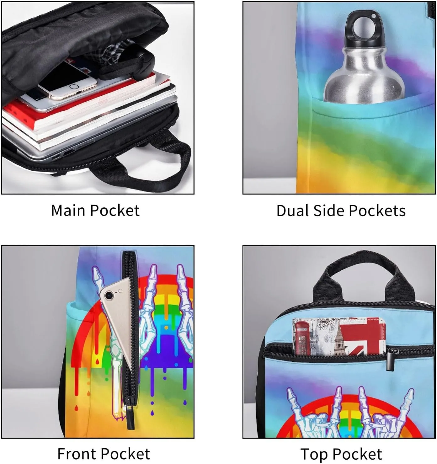 LGBT Rainbow Gay Pride Rock Skeleton Skull Gesture Travel Laptop Backpack Casual Backpacks Double Shoulder Daypack Notebook Rucksack Work Bags Sports Bag for Gym Hiking Camping Beach