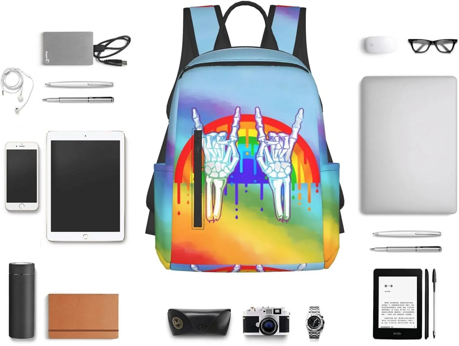 LGBT Rainbow Gay Pride Rock Skeleton Skull Gesture Travel Laptop Backpack Casual Backpacks Double Shoulder Daypack Notebook Rucksack Work Bags Sports Bag for Gym Hiking Camping Beach