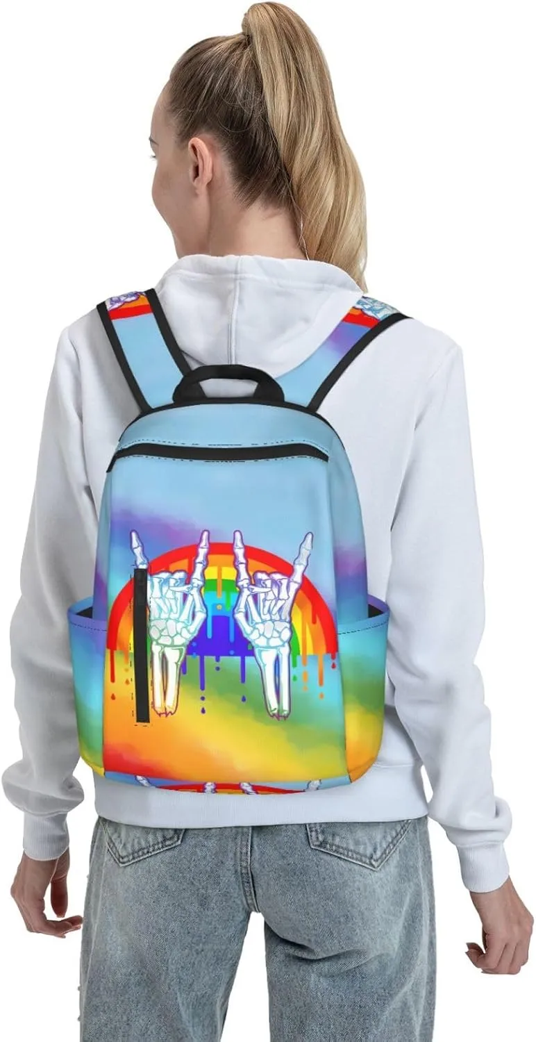 LGBT Rainbow Gay Pride Rock Skeleton Skull Gesture Travel Laptop Backpack Casual Backpacks Double Shoulder Daypack Notebook Rucksack Work Bags Sports Bag for Gym Hiking Camping Beach
