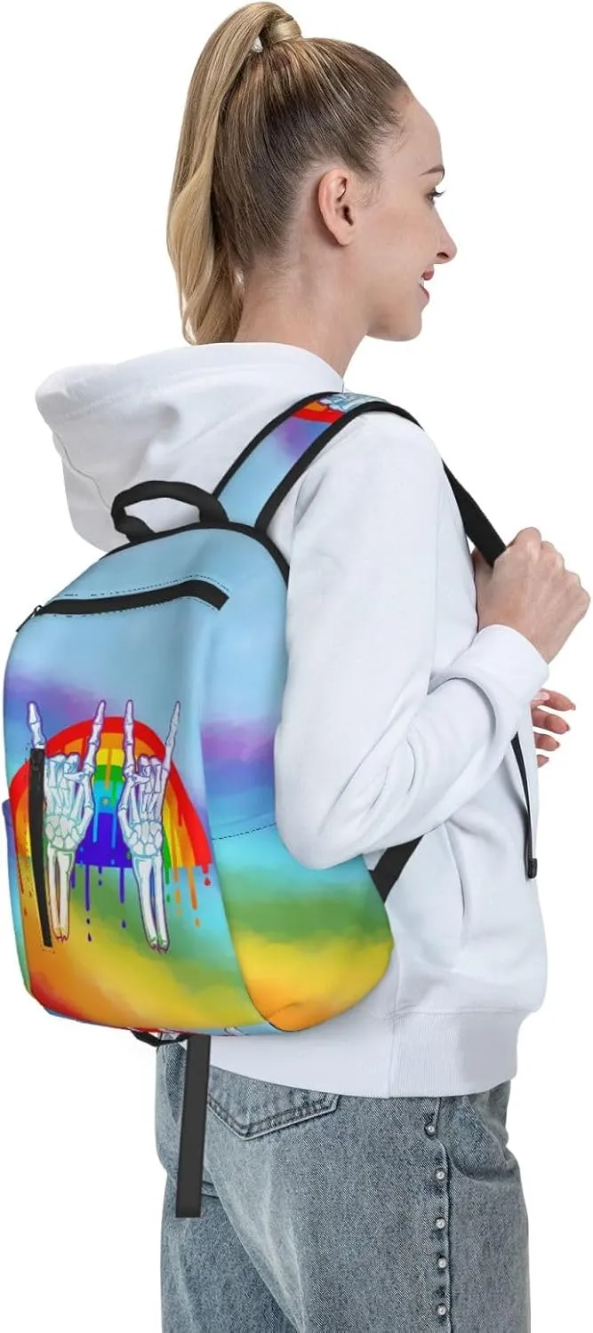 LGBT Rainbow Gay Pride Rock Skeleton Skull Gesture Travel Laptop Backpack Casual Backpacks Double Shoulder Daypack Notebook Rucksack Work Bags Sports Bag for Gym Hiking Camping Beach