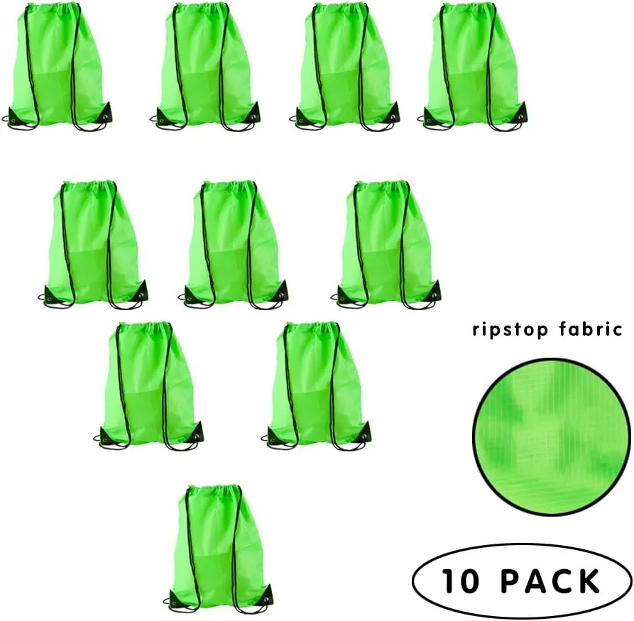LIHI BAG 10 Pack Ripstop Kids Party Favors Nylon Blank Bulk Drawstring Backpack, Reusable Gift Sack Pack Bag, Cinch Sling Bag, Giveaways, Fluorescent Green