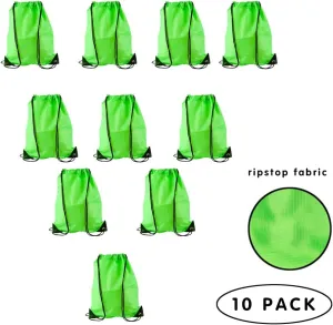 LIHI BAG 10 Pack Ripstop Kids Party Favors Nylon Blank Bulk Drawstring Backpack, Reusable Gift Sack Pack Bag, Cinch Sling Bag, Giveaways, Fluorescent Green
