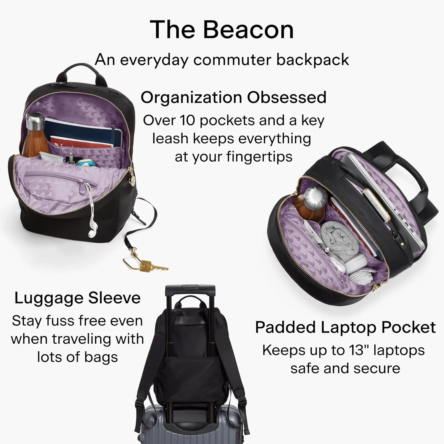 Lo & Sons Beacon Backpack - Chic Premium Travel Bag with 13" Laptop Compartment, Luggage Sleeve | Minimalist Bag for Women