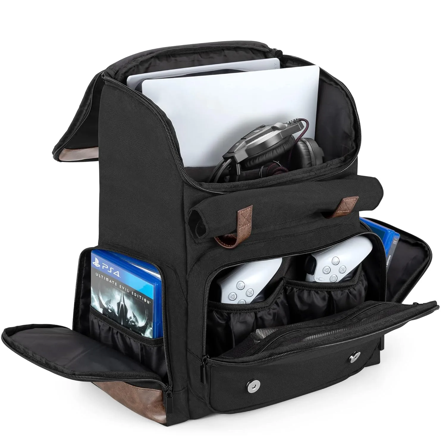 LoDrid Game Backpack Compatible with PS5/PS5 Slim/PS4/PS4 Pro/PS4 Slim/Xbox One X/S, Protective Console Travel Carry Case with Pockets for 15.6" Laptop, Accessories (Patent Design)