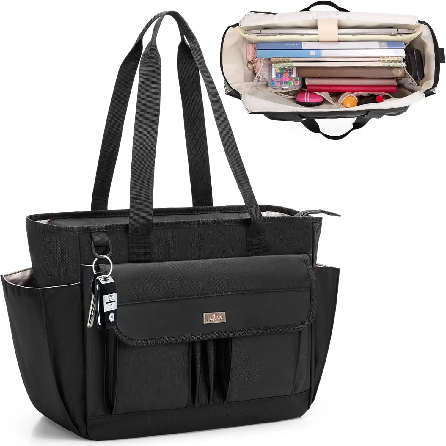 LoDrid Teacher Tote Bag with 15.6” Laptop Padded Sleeve, Utility Bag with Top Zipper Closure and Large Compartment for Work