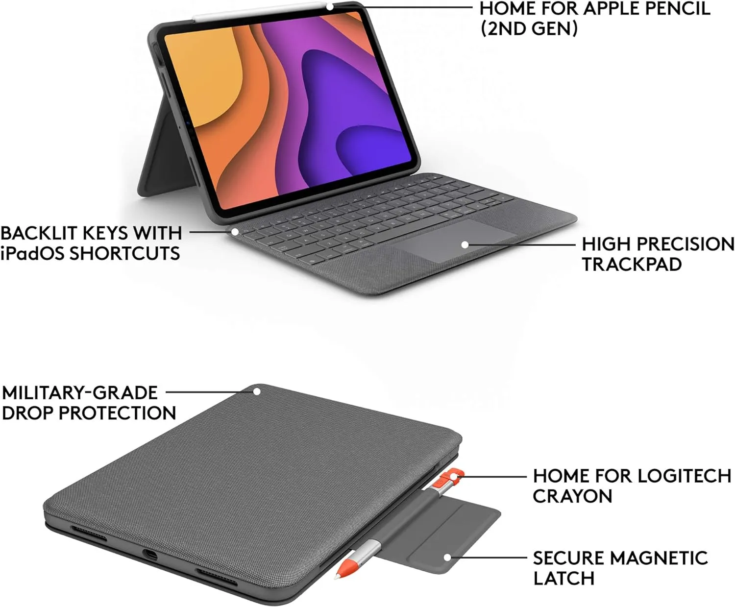 Logitech Folio Touch iPad Keyboard Case with Trackpad and Smart Connector for iPad Air 11-inch (M2 & M3), iPad Air (4th & 5th gen) – Graphite