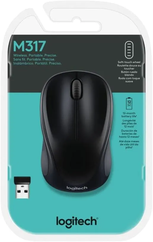 Logitech M317 Wireless Mouse, 2.4 GHz with USB Receiver, 1000 DPI Optical Tracking, 12 Month Battery, Compatible with PC, Mac, Laptop, Chromebook - Black