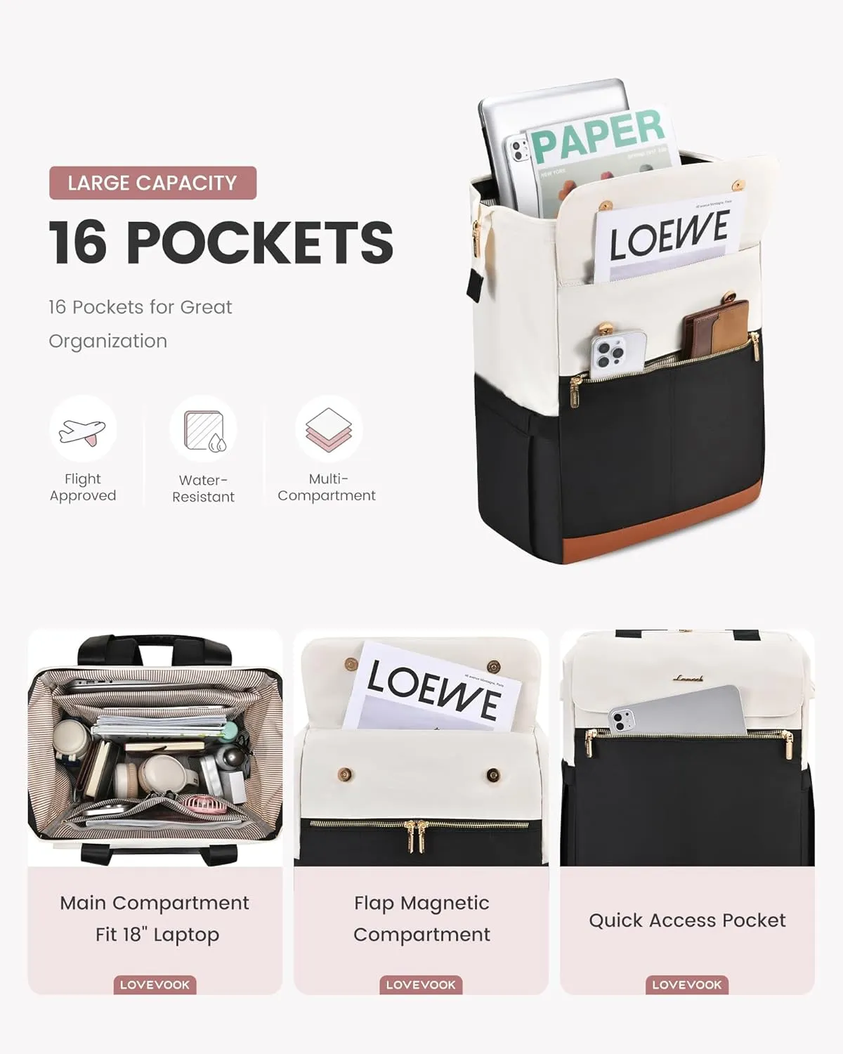 LOVEVOOK 18 Inch Laptop Backpack for Women, Large Capacity Travel Backpack with Organizer Bag, Waterproof Carry on Backpack Purse Work Bag with USB Port for College Teacher Nurse, 2PCS
