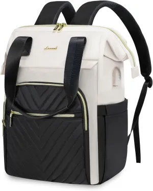 LOVEVOOK Laptop Backpack for Women, 15.6 Inch Work Laptop Bag，Waterproof Teacher Nurse Bag with USB Port, Fashion Travel Bag Business Computer Backpack Purse,Black-Cream White
