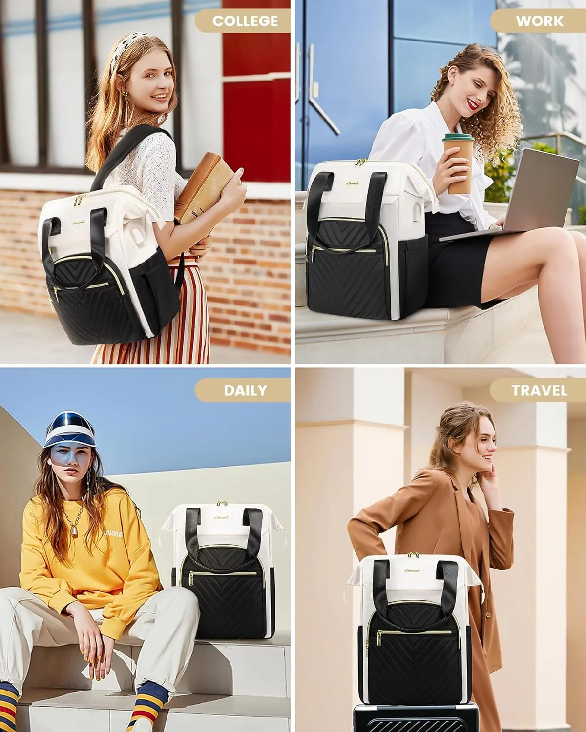 LOVEVOOK Laptop Backpack for Women, 15.6 Inch Work Laptop Bag，Waterproof Teacher Nurse Bag with USB Port, Fashion Travel Bag Business Computer Backpack Purse,Black-Cream White