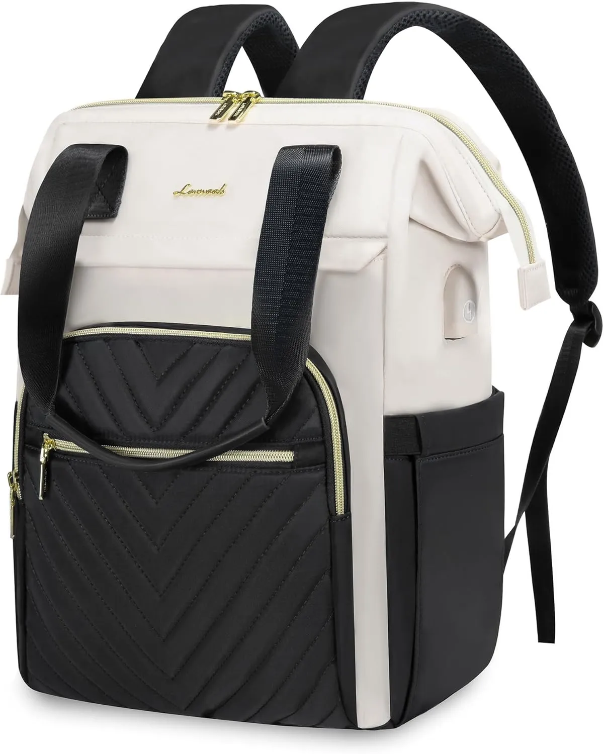LOVEVOOK Laptop Backpack for Women, 15.6 Inch Work Laptop Bag，Waterproof Teacher Nurse Bag with USB Port, Fashion Travel Bag Business Computer Backpack Purse,Black-Cream White