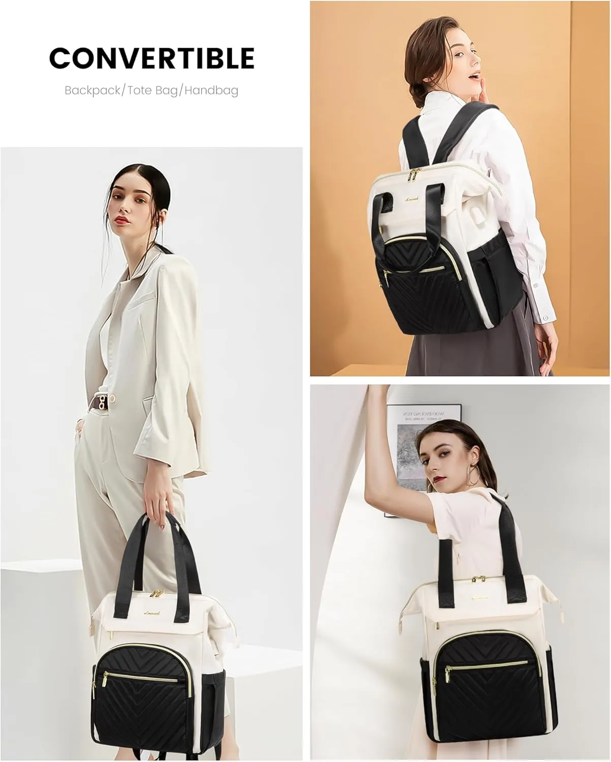 LOVEVOOK Laptop Backpack for Women, 15.6 Inch Work Laptop Bag，Waterproof Teacher Nurse Bag with USB Port, Fashion Travel Bag Business Computer Backpack Purse,Black-Cream White