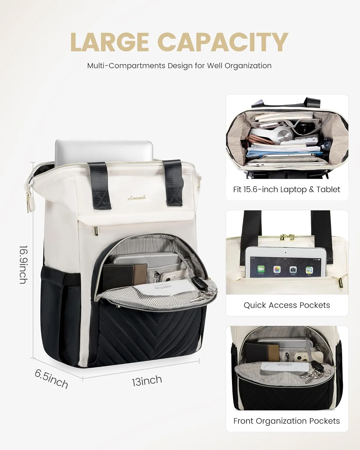 LOVEVOOK Laptop Backpack for Women, 15.6 Inch Work Laptop Bag，Waterproof Teacher Nurse Bag with USB Port, Fashion Travel Bag Business Computer Backpack Purse,Black-Cream White