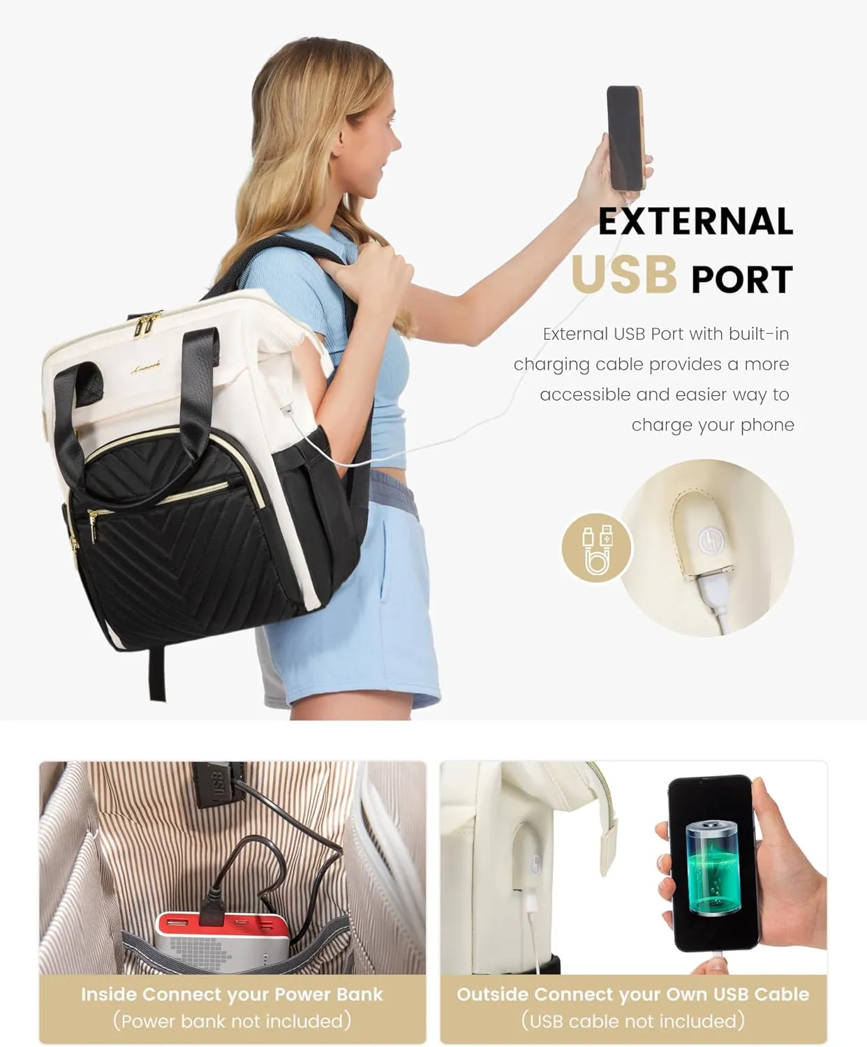 LOVEVOOK Laptop Backpack for Women, 15.6 Inch Work Laptop Bag，Waterproof Teacher Nurse Bag with USB Port, Fashion Travel Bag Business Computer Backpack Purse,Black-Cream White