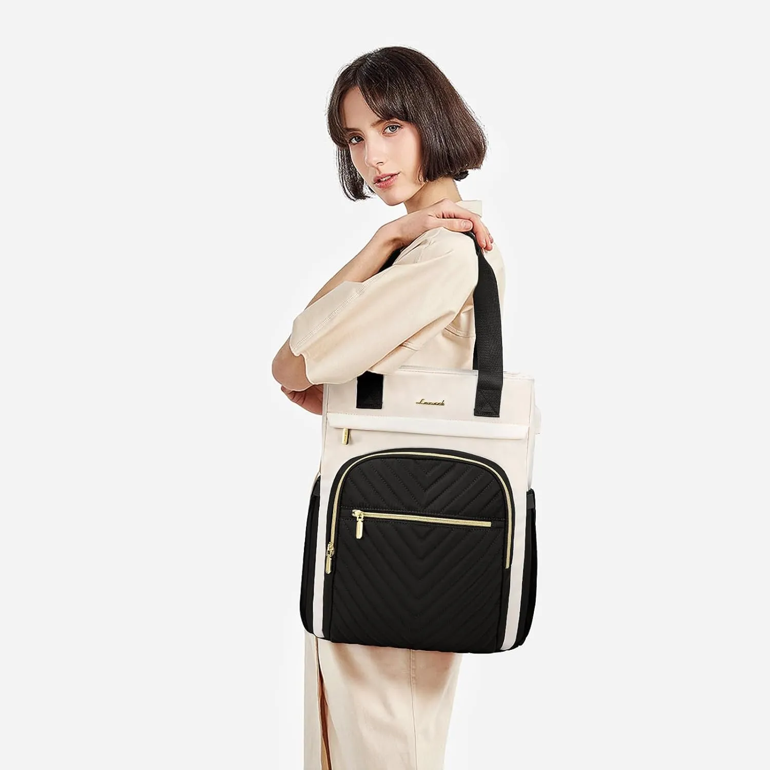 LOVEVOOK Laptop Backpack for Women, 17.3 inch Work Business Backpack with Laptop Compartment, Wide Top Open Teacher Nurse Bag with USB Port, Waterproof Computer Backpack Purse for travel, Black-White
