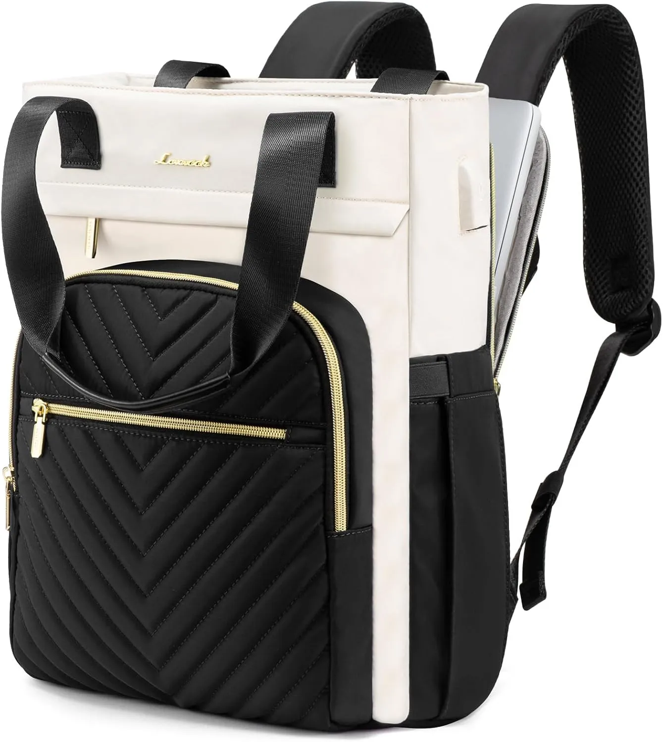 LOVEVOOK Laptop Backpack for Women, 17.3 inch Work Business Backpack with Laptop Compartment, Wide Top Open Teacher Nurse Bag with USB Port, Waterproof Computer Backpack Purse for travel, Black-White